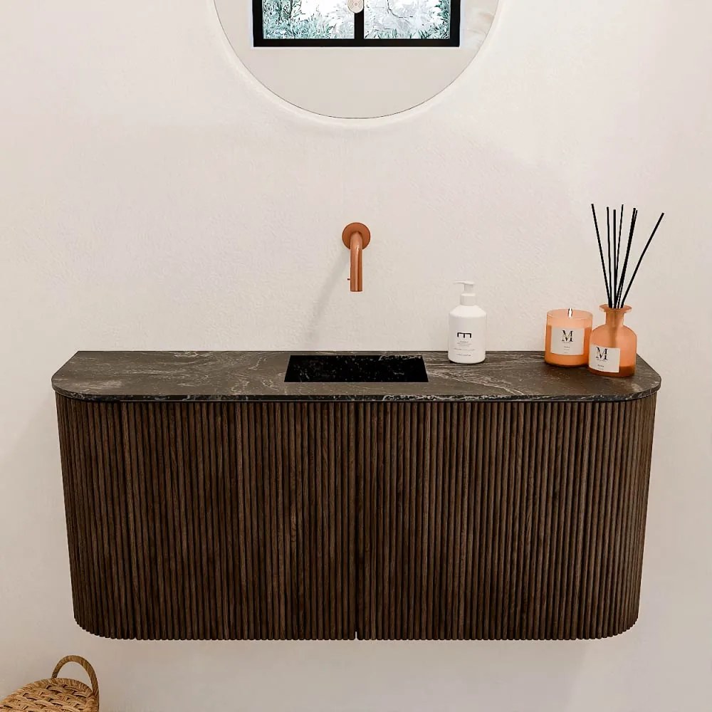 Mondiaz Joya DLux 95cm toiletmeubel ronding links/rechts walnut met wastafel faye midden zonder kraangat lava