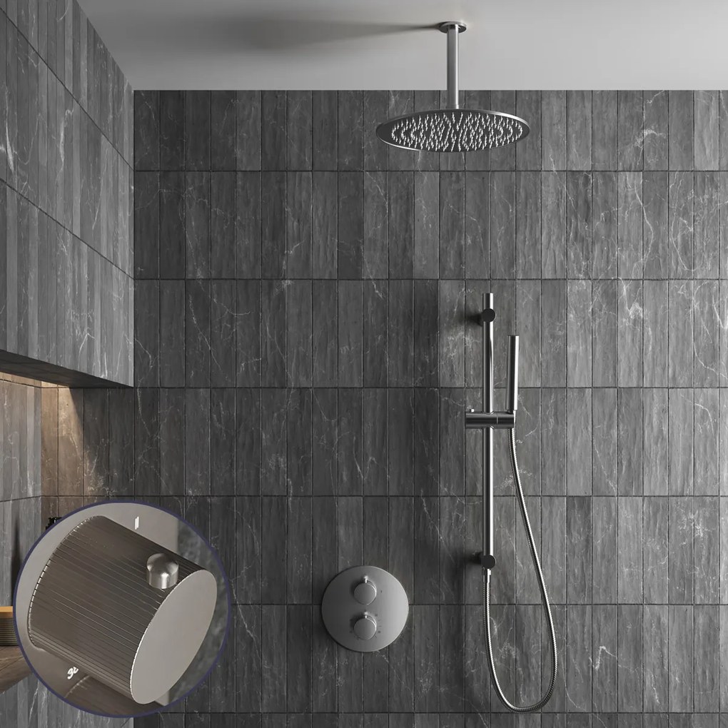 Saniclear Exclusive Stripes inbouw regendouche rond met 20cm hoofddouche, plafondarm en glijstang RVS