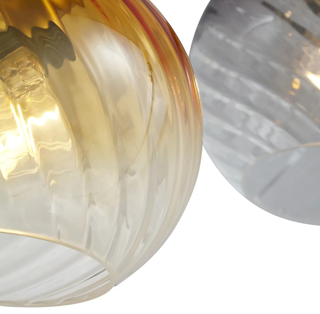Eettafel / Eetkamer Hanglamp brons met smoke amber en groen glas langwerpig 4-lichts - Bao Art Deco E27 bol / globe / rond rond Binnenverlichting Lamp