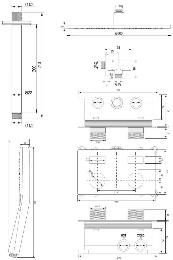 Brauer Chrome Carving thermostatische inbouw regendouche met 3 standen handdouche, plafondarm en hoofddouche 30cm set 60 chroom