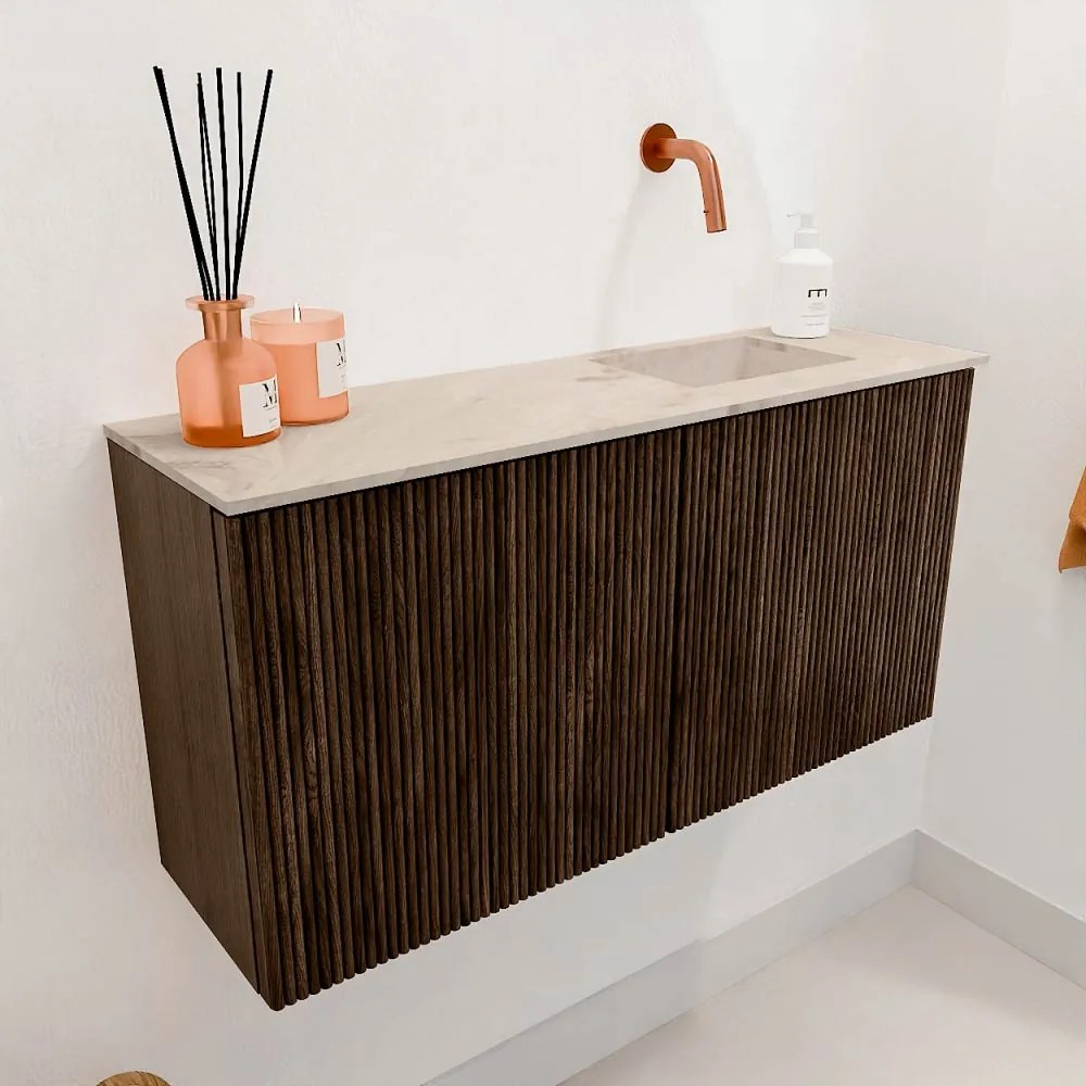 Mondiaz Joya DLux 80cm toiletmeubel walnut met wastafel faye rechts zonder kraangat frappe