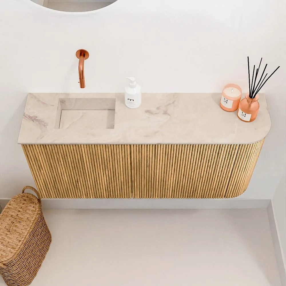 Mondiaz Joya DLux 90cm toiletmeubel ronding rechts oak met wastafel faye links zonder kraangat frappe