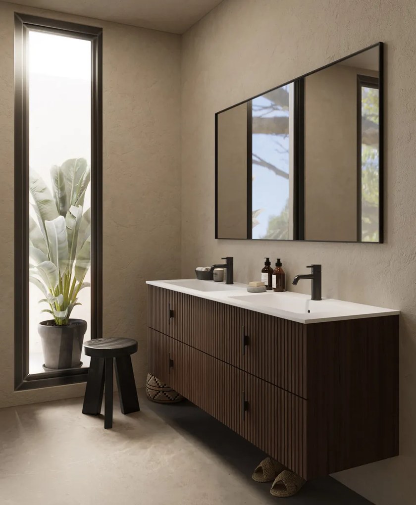 Muebles Avila badmeubel ribbelfront 160cm walnoot met dubbele wastafel met kraangaten