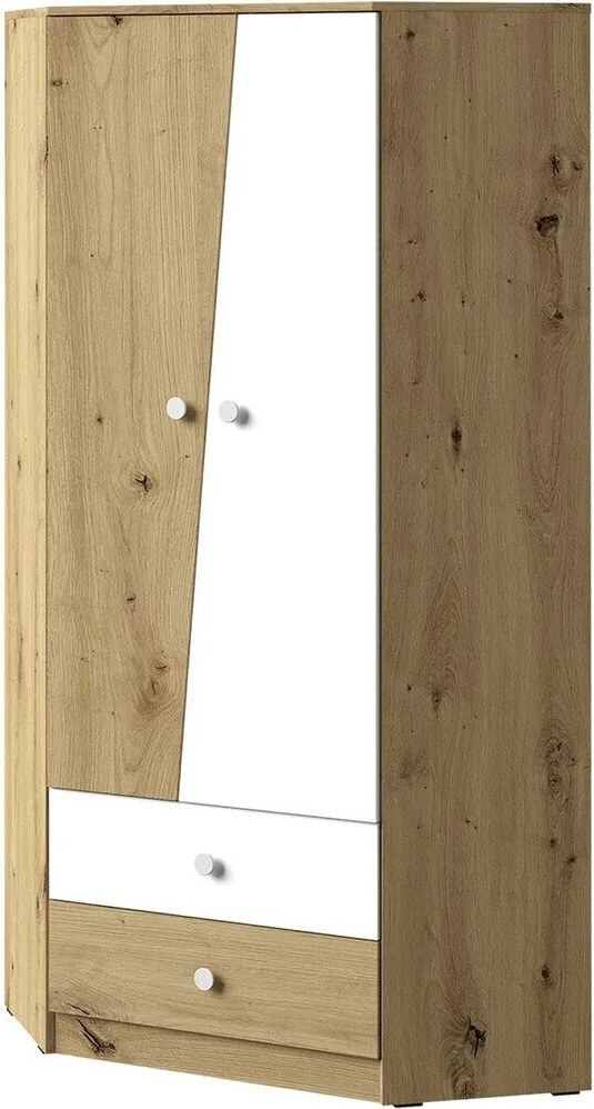 Hoekkledingkast Almira 101, Artisan eiken, Wit, 191x87x87cm, 81.99 kg, Kledingkast deuren: Met scharnieren, Aantal planken: 3, Aantal planken: 3