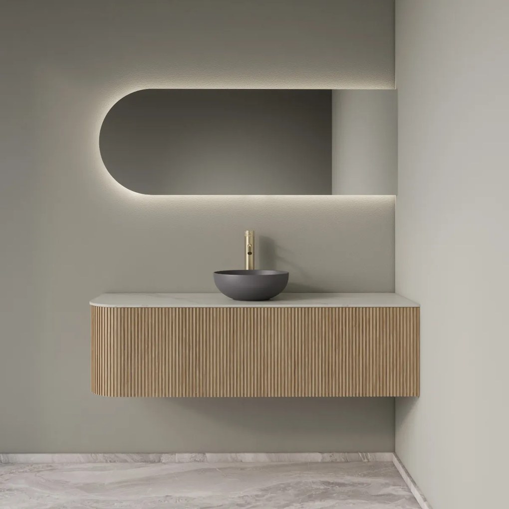 Gliss Design Alluro badmeubel ribbelfront met ronding links 140cm mist en wit marmer toppaneel