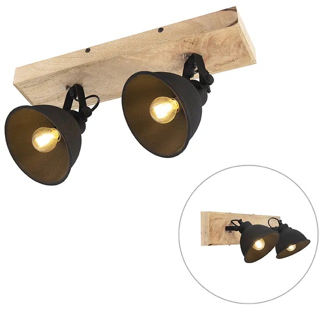 Stoere Spot / Opbouwspot / Plafondspot zwart met hout 2-lichts - Fors Landelijk / Rustiek E14 rond Binnenverlichting Lamp