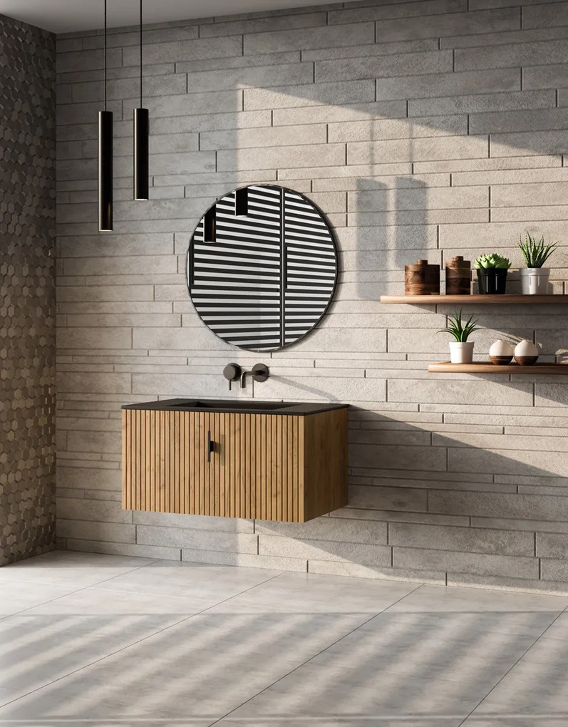 Muebles Raya badmeubel ribbelfront 80cm warm eiken met zwarte wastafel zonder kraangat