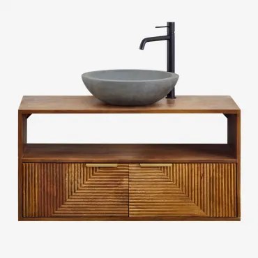 Baty Mangohouten Badkamermeubelset Mangohout & Rond Grijs Cement Ø40 Cm Tarsis & Spiegelloze & Zwart ↑30 Cm Met Aftapkraan Zonder Overloop Orveta -