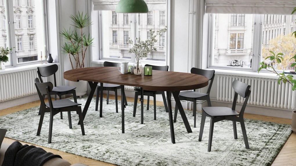 EXPANSO Bruine eik/zwarte poten - GROTE RONDE TAFEL Ø110 UITBREIDBAAR TOT 310 cm met Y-POTEN LOFT/INDUSTRIAL