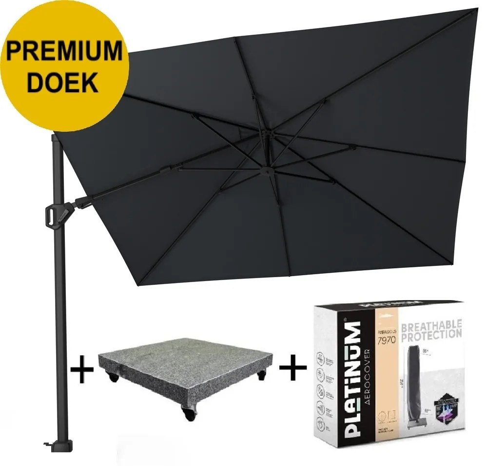 Challenger T2 premium zweefparasol 300x300 cm matt black mast jet black met parasolvoet 90KG voet en hoes