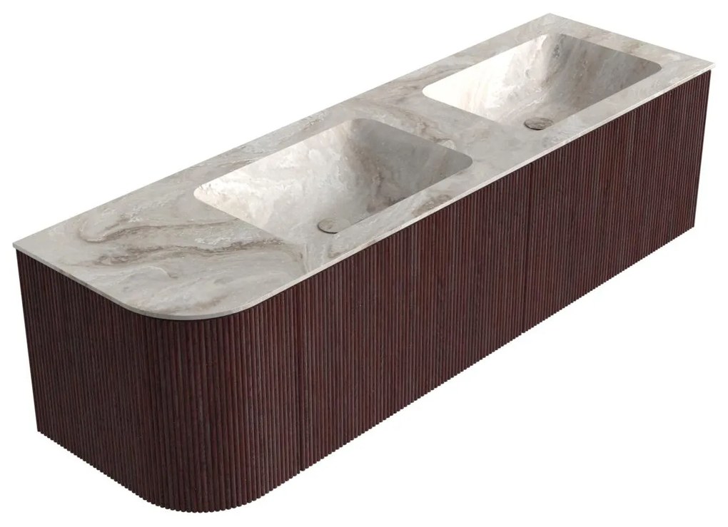 Mondiaz Kurve-dlux 155cm badmeubel ronding links ruby met 2 lades en 1 deur en wastafel leaf dubbel/rechts zonder kraangat frappe