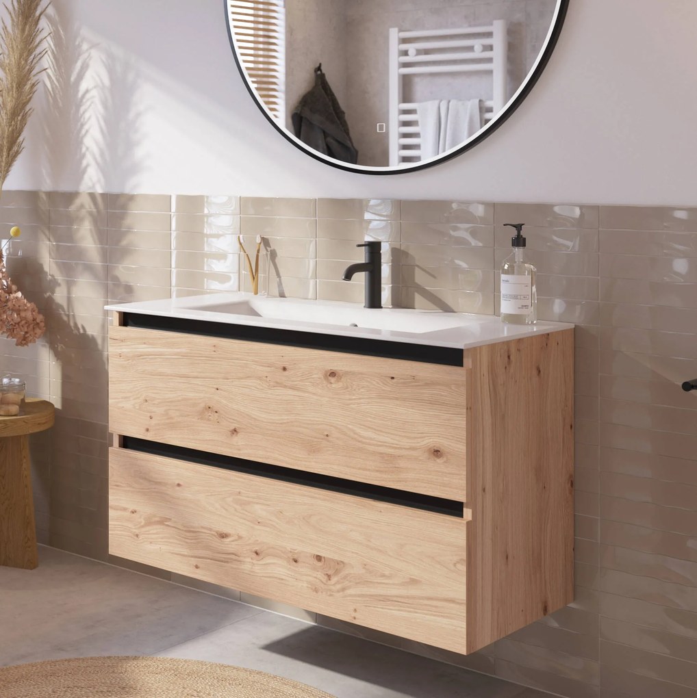 Saqu Gaia badmeubel incl. keramische wastafel 100x46x61cm naturel eiken – zwarte greeplijst