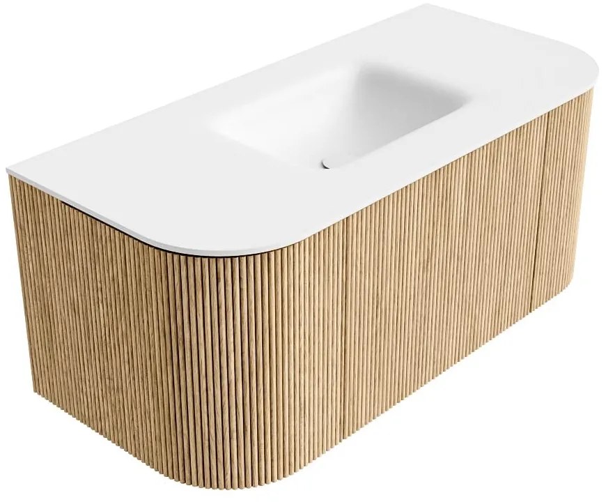 Mondiaz Kurve 100cm badmeubel ronding links/rechts oak met 1 lade en 2 deuren en wastafel grunne midden 1 kraangat