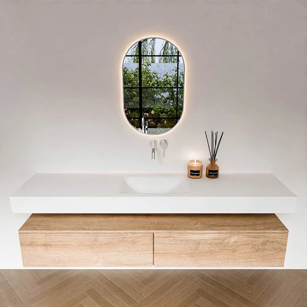 Zaro Alan badmeubel 190cm washed oak 2 lades met vrijhangende wastafel cloud midden zonder kraangat talc