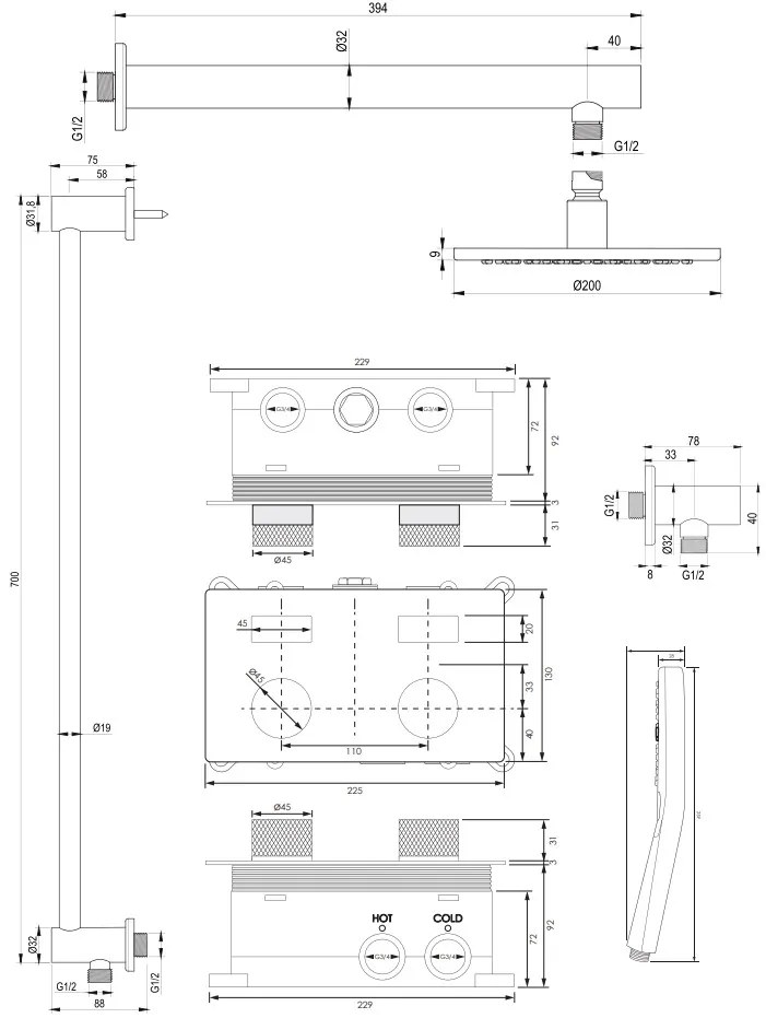 Brauer Gunmetal Carving thermostatische inbouw regendouche met 3 standen handdouche, rechte muurarm, glijstang en hoofddouche 20cm set 67 gunmetal geborsteld PVD