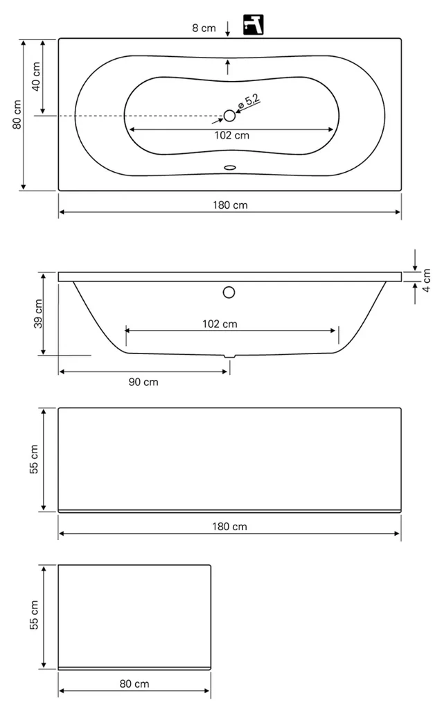 Aqualine Jizera ligbad 180x80cm wit