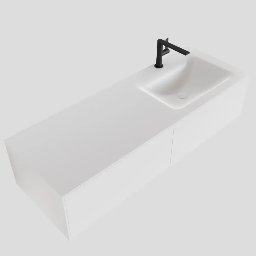 Zaro Lagom volledig naadloos solid surface onderkast 130cm mat wit met 2 lades Push tot open. Compleet met solid surface wastafel met 1 kraangat(en)