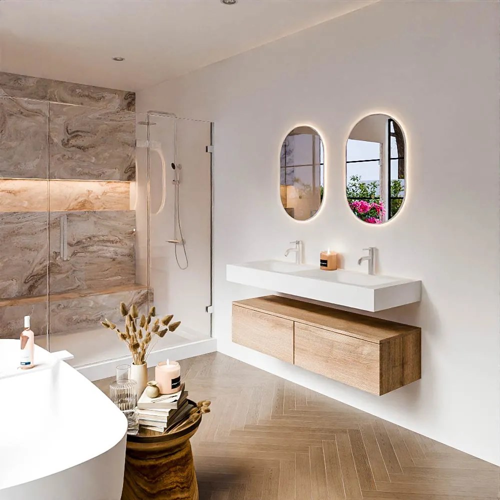 Zaro Alan badmeubel 130cm washed oak 2 lades met vrijhangende wastafel cloud dubbel 2 kraangaten talc
