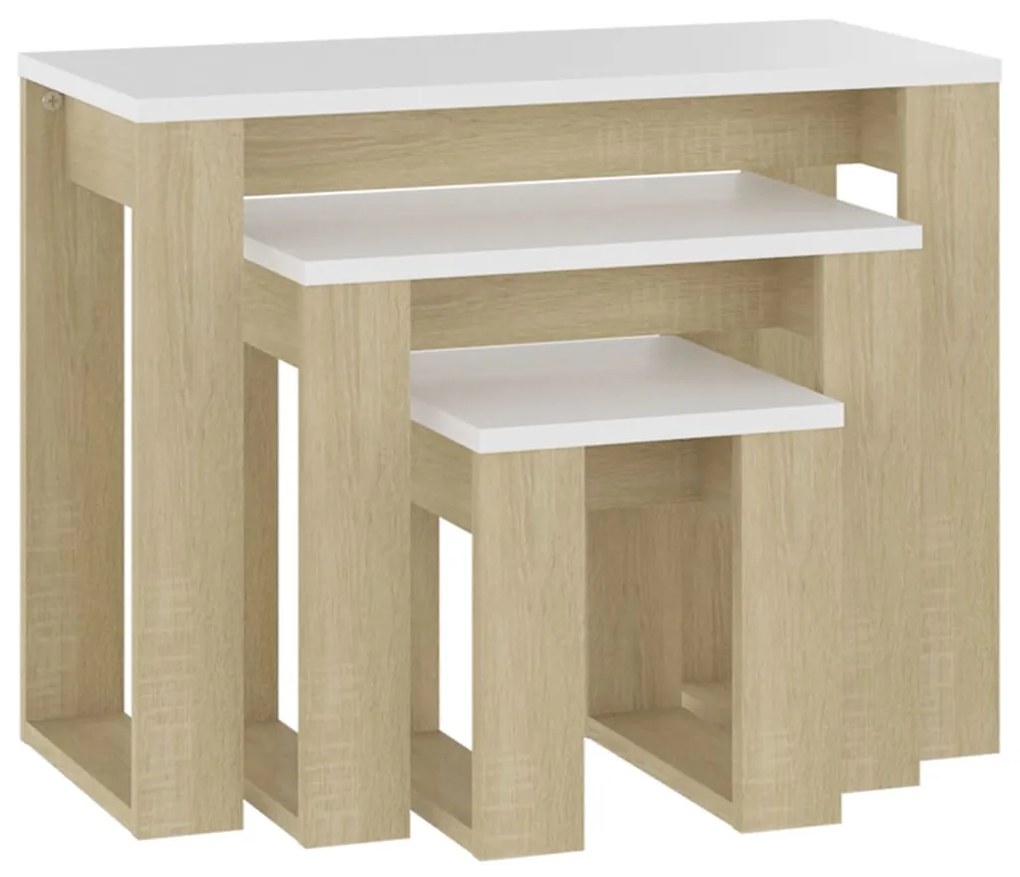 vidaXL 3-delige Tafeltjesset bewerkt hout sonoma eikenkleurig en wit