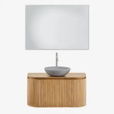 Conjunto Vaniteitmeubel 90x40 Cm Zwevend In Mangohout Analis Mangohout & Rond Grijs Cement Ø40 Cm Tarsis & Rechthoekige Led En Anticondens 100x70 Cm R