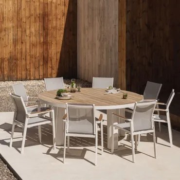 Ronde Tafelset Riviera, Ø180 Cm, In Teakhout En Aluminium, En 8 Stapelbare Aluminium Tuinstoelen, Elvira Teakhout - Sklum