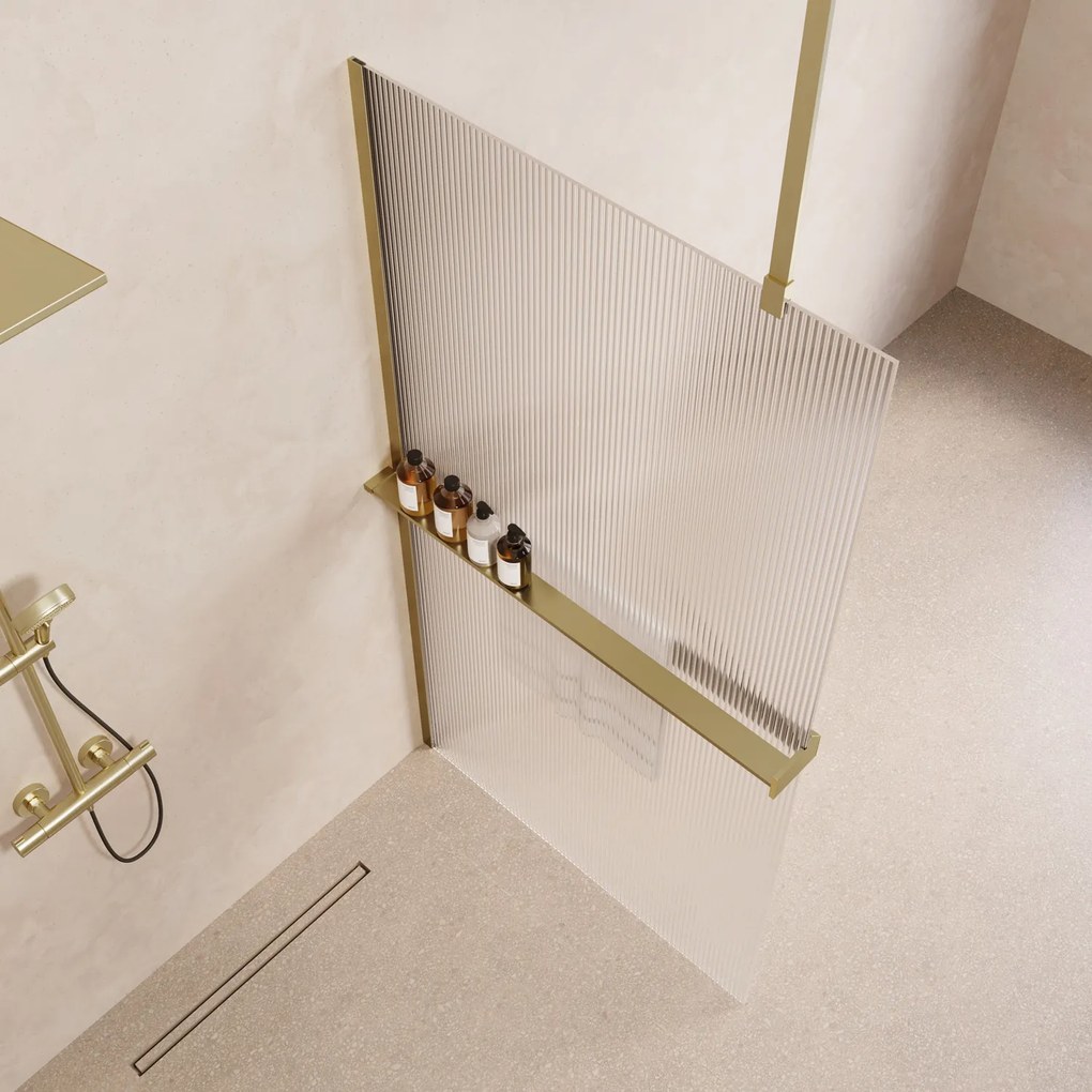Saniclear Bright inloopdouche 100cm met handdoekhouder en ribbelglas geborsteld messing - mat goud