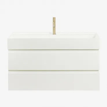 Ona Zwevend Badkamermeubelset Van Hout En Essenfineer Met Geïntegreerde Wastafel Wit & Spiegelloze & Geborsteld Goud ↑20 Cm - Sklum