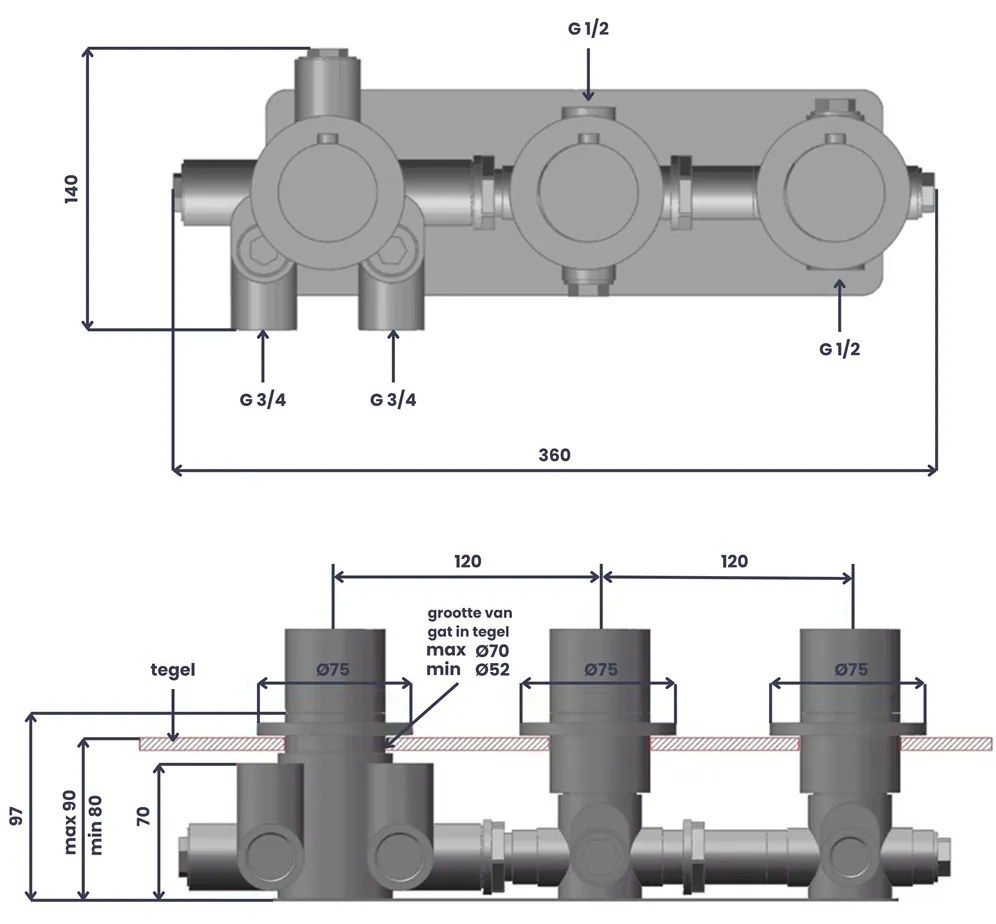 Saniclear Plus Curved thermostaatkraan afbouwdeel verouderd messing