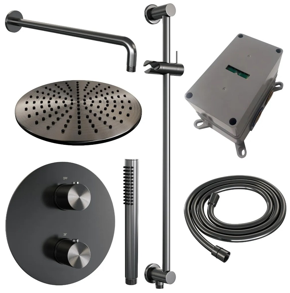 Brauer Gunmetal Edition thermostatische inbouw regendouche met staafhanddouche, gebogen muurarm, glijstang en hoofddouche 30cm set 88 gunmetal geborsteld PVD