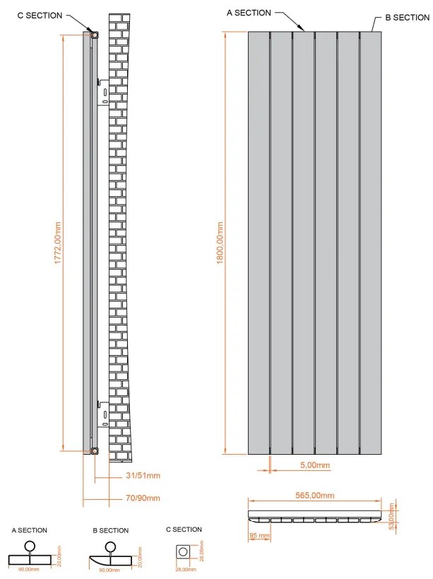 Eastbrook Withington radiator 55x180cm aluminium 1598W antraciet