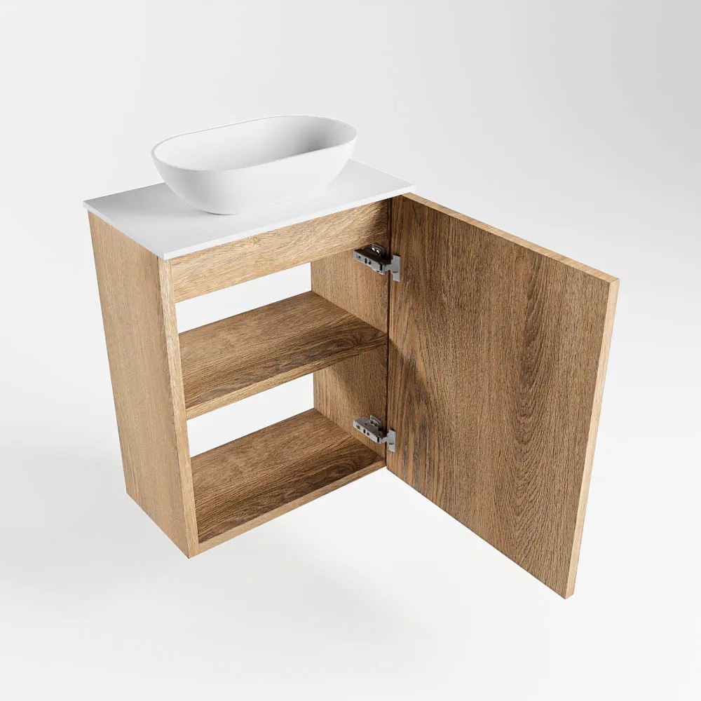 Mondiaz Fowy toiletmeubel 40cm washed oak met witte waskom midden zonder kraangat