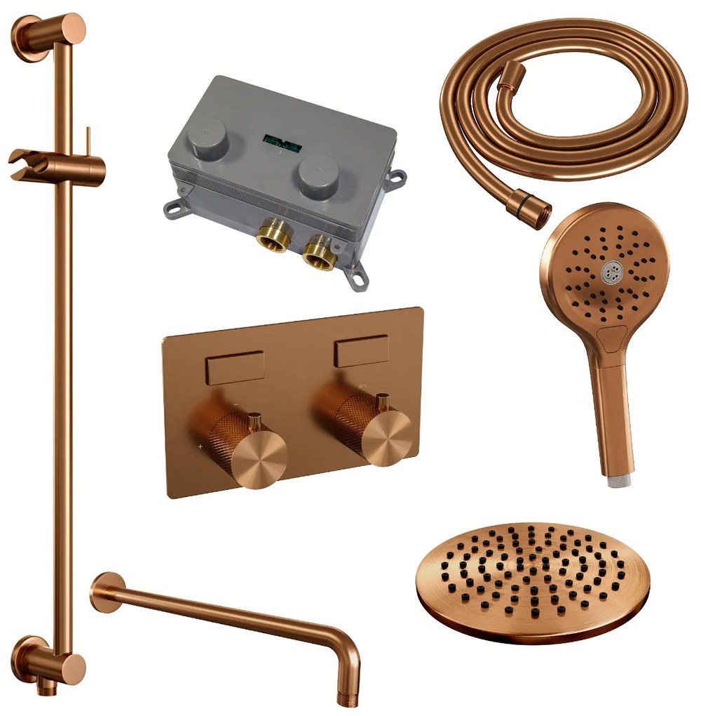 Brauer Copper Carving thermostatische inbouw regendouche met 3 standen handdouche, gebogen muurarm, glijstang en hoofddouche 20cm set 69 koper geborsteld PVD