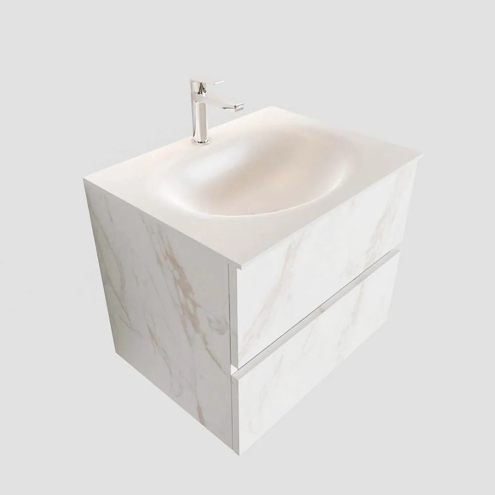 Zaro Sevilla Solid Surface badkamermeubel 60cm wit marmer 1 kraangat met 2 lades