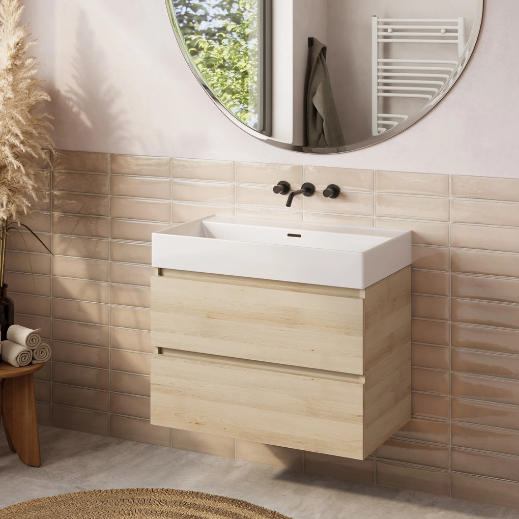 Plieger Kansas badmeubel 80cm met glans witte wastafel zonder kraangat beach eiken