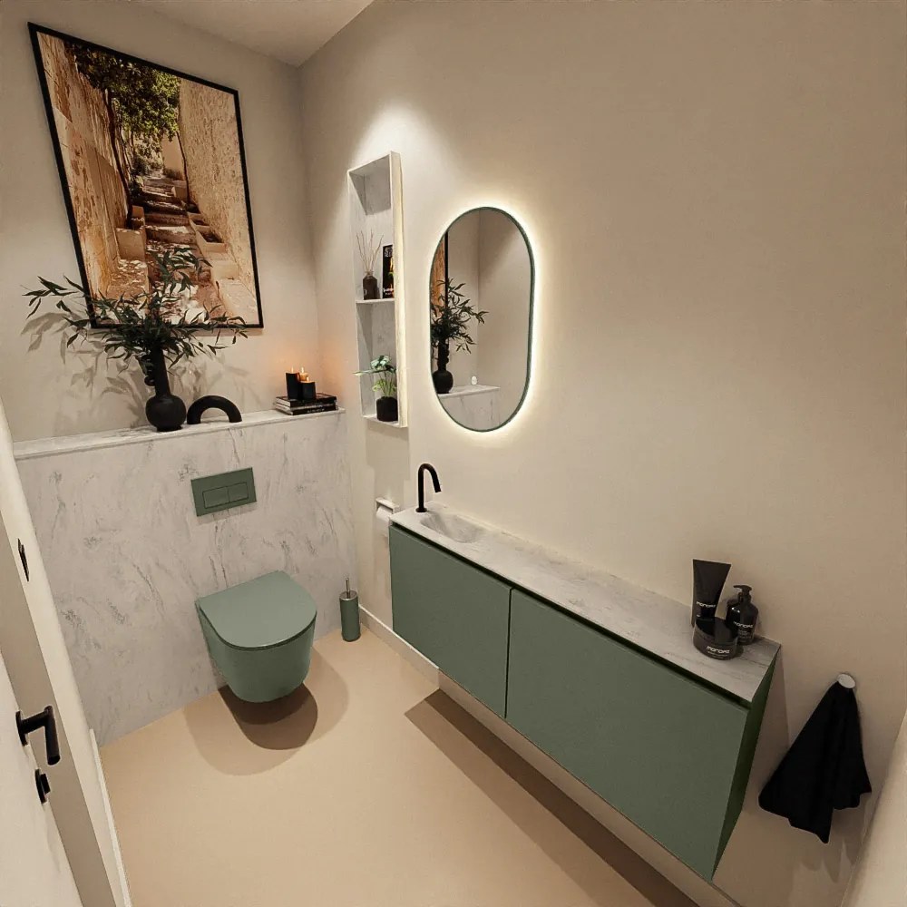 Mondiaz Ture DLux toiletmeubel 120cm army met wastafel opalo links met kraangat