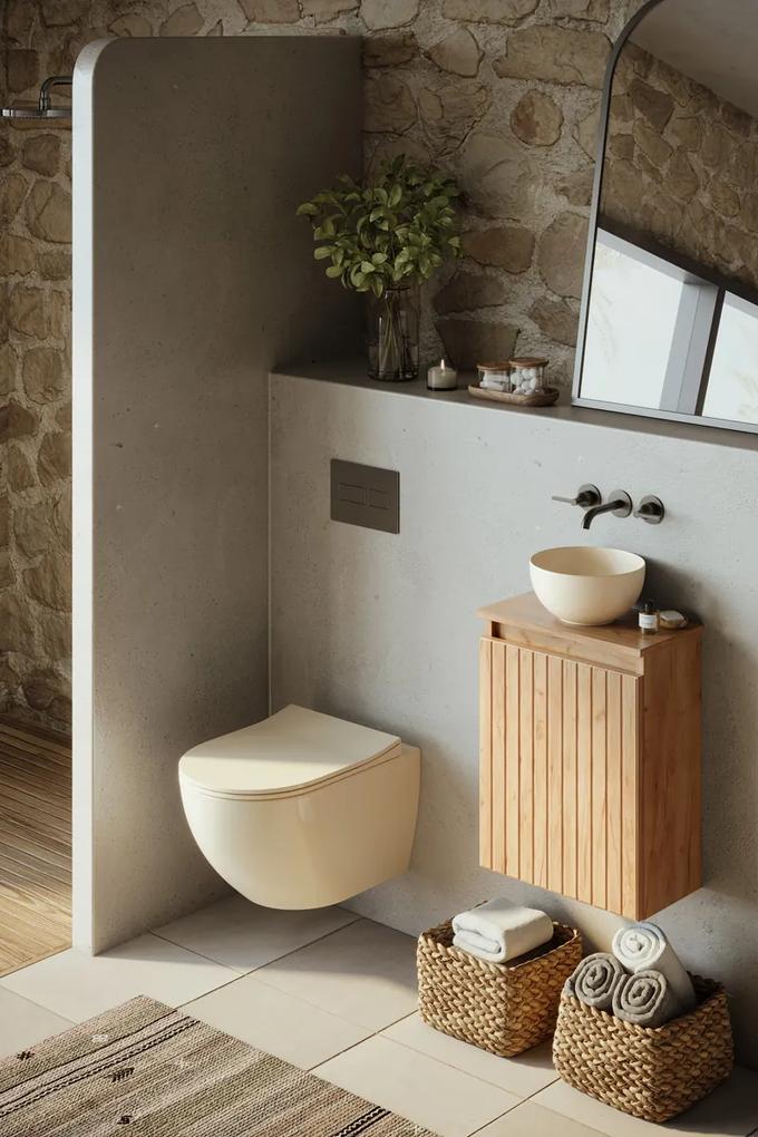 Fontana Bano toiletmeubel ribbelfront warm eiken 40x22cm met waskom in licht ivoor