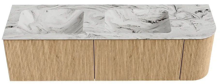 Mondiaz Kurve-dlux 155cm badmeubel ronding rechts oak met 2 lades en 1 deur en wastafel leaf dubbel/links zonder kraangat glace