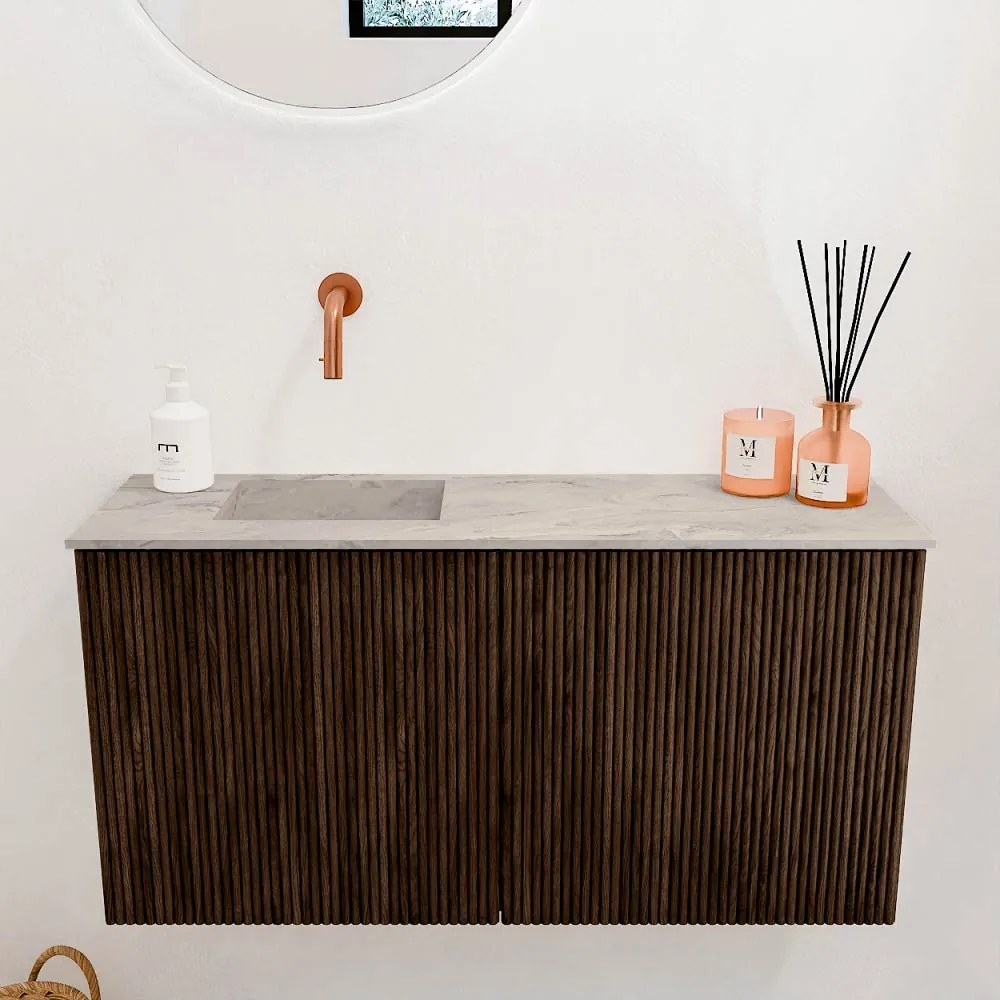 Mondiaz Joya DLux 80cm toiletmeubel walnut met wastafel faye links zonder kraangat glace