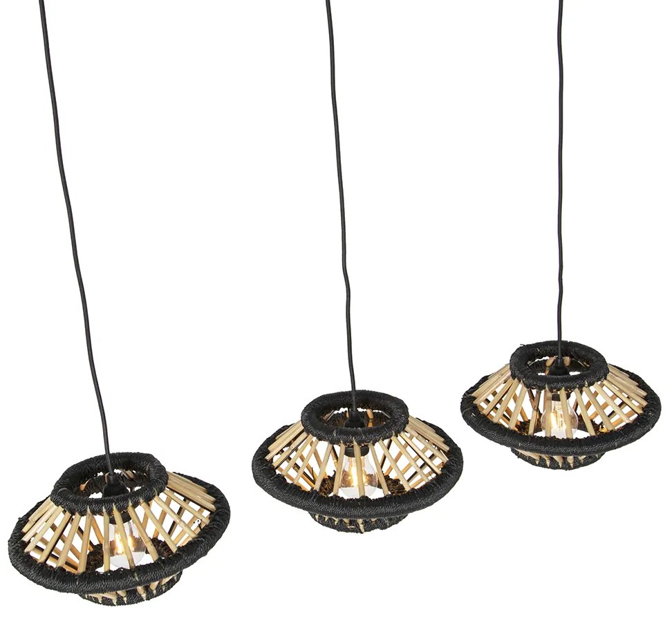 Oosterse hanglamp bamboe met zwart langwerpig 3-lichts - Evalin