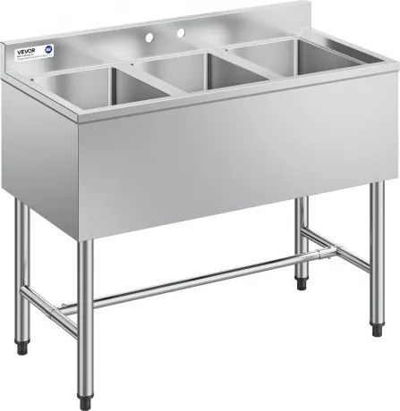 VEVOR 3-delige keukenspoelbak met spatbescherming en efficiënte afvoer (978 x 470 x 838 mm), geschikt voor restaurants, foodtrucks en privégebruik, roestvrijstalen spoelbak