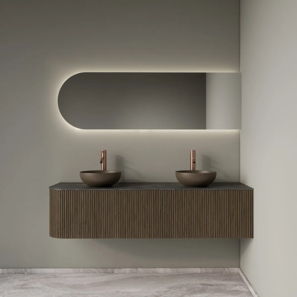 Gliss Design Alluro badmeubel ribbelfront met ronding links 160cm ash grey en zwart leisteen toppaneel