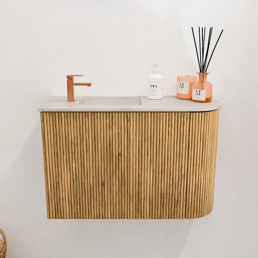Mondiaz Joya DLux 60cm toiletmeubel ronding rechts oak met wastafel faye links 1 kraangat ostra