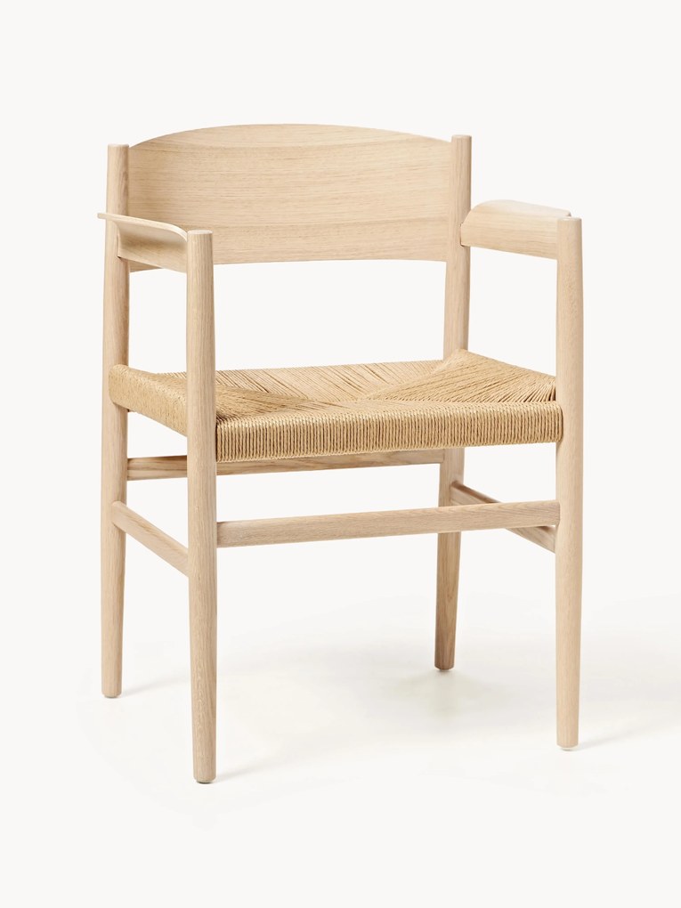 Armstoel Nestor van eikenhout met gevlochten zitvlak, handgemaakt