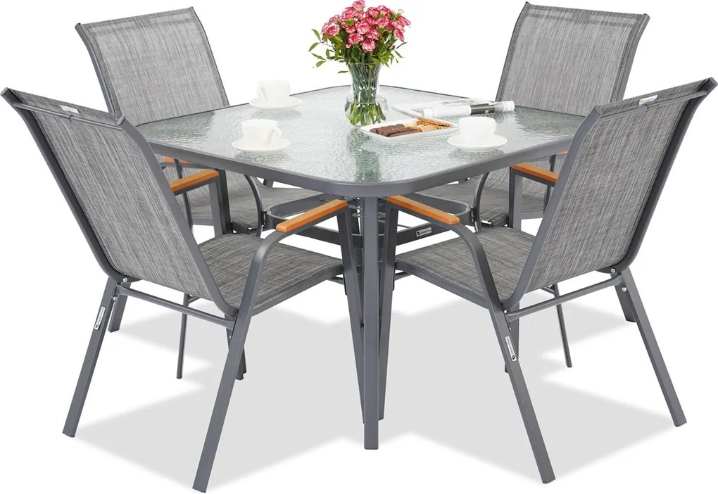 Metalen tuinmeubelen Modena/Bitonto voor 4 personen met vierkante grijze tafel Garden Point