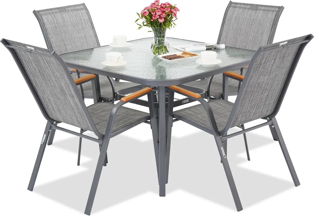 Modena/Bitonto metalen tuinmeubelen voor 4 personen met Garden Point vierkante tafel grijs