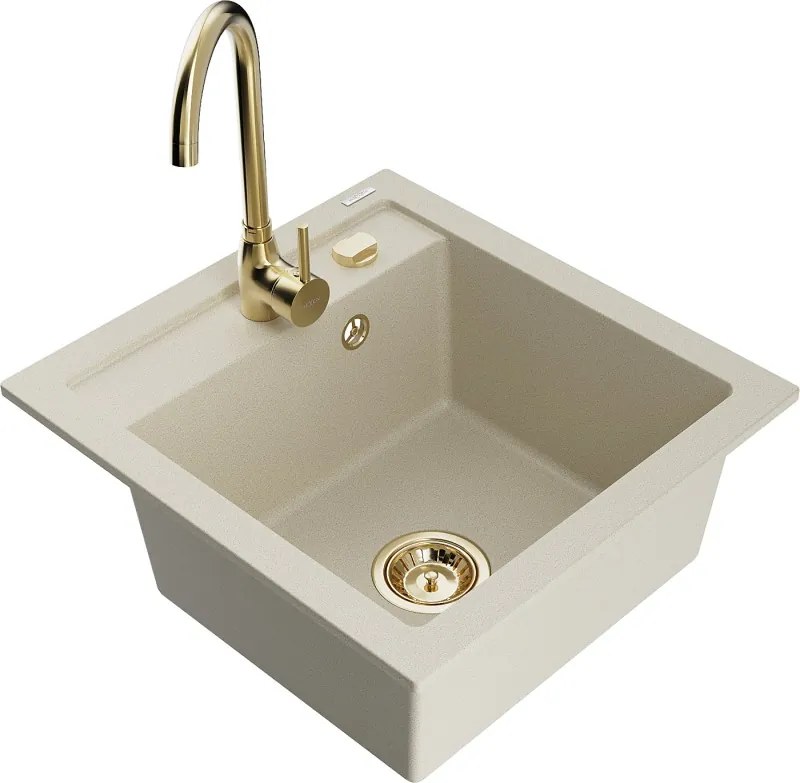 Mexen Vito granitische 1-kommer gootsteen met keukenkraan Telma, beige - 6503-69-670200-50