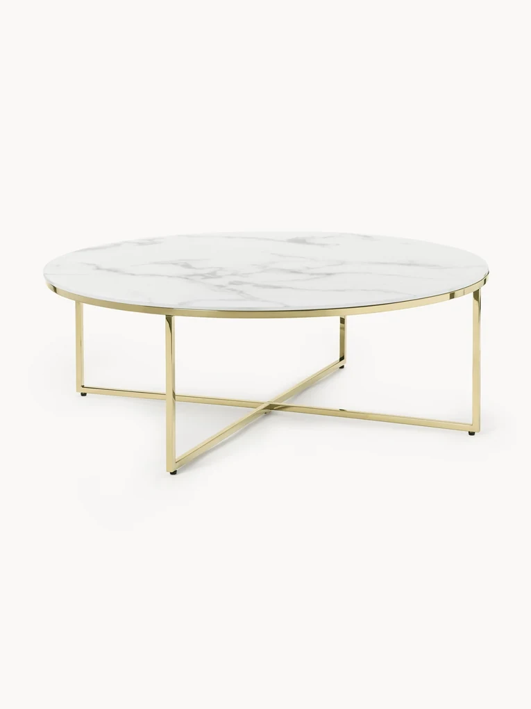 Ronde XL-salontafel Antigua met glazen tafelblad in marmerlook