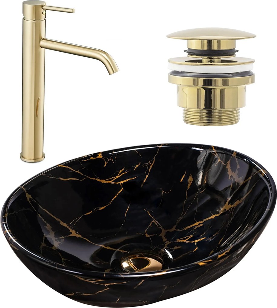 Wastafel Sofia Black Marble + kraan Lungo Gold High + universele plug gold