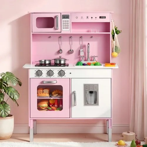 VEVOR Speelkeuken voor Kinderen, Houten Kinderkeuken met Licht & Geluid, Houten Keuken met Fornuis, Oven, Spoelbak, Magnetron, IJsdispenser & Drankdispenser, Keukenspeelgoed met Kookset voor Kinderen vanaf 3 jaar, Roze