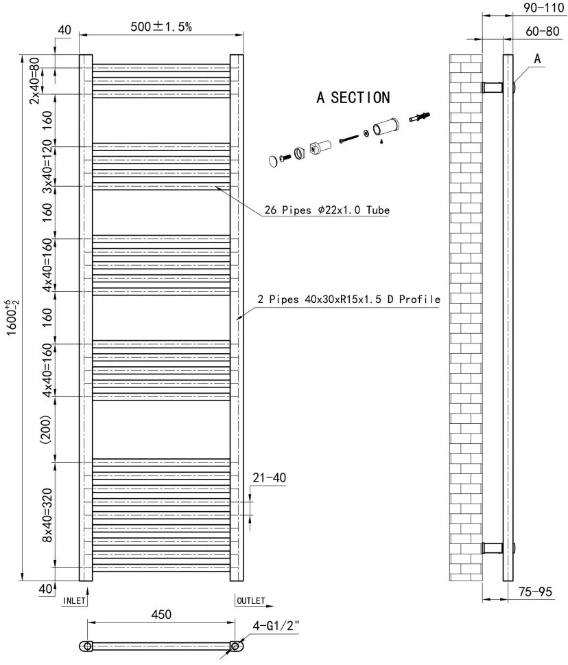 Eastbrook Wendover handdoekradiator 50x160cm 749W antraciet mat